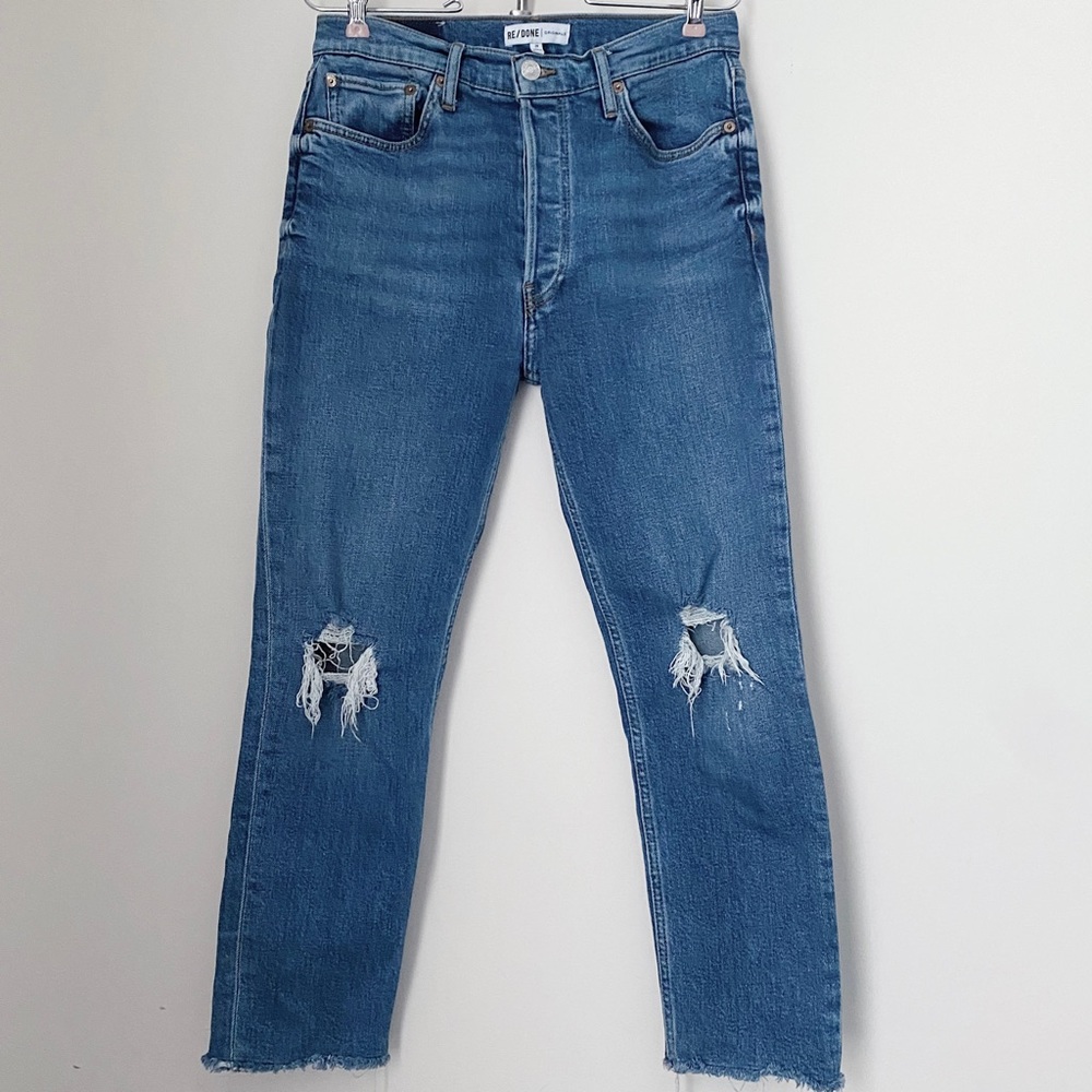 Re/Done Originals High Rise Ankle Crop Distressed Dusk Destroy Blue 29 8 REVOLVE
